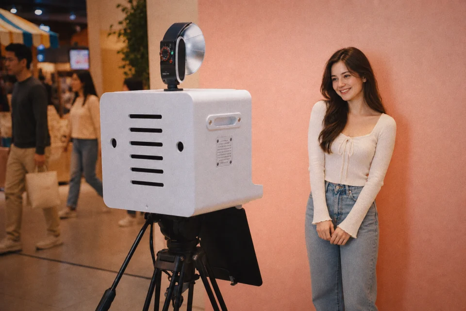 A young customer uses the Hi Cheese Photo system in front of a pink backdrop at a shopping mall event