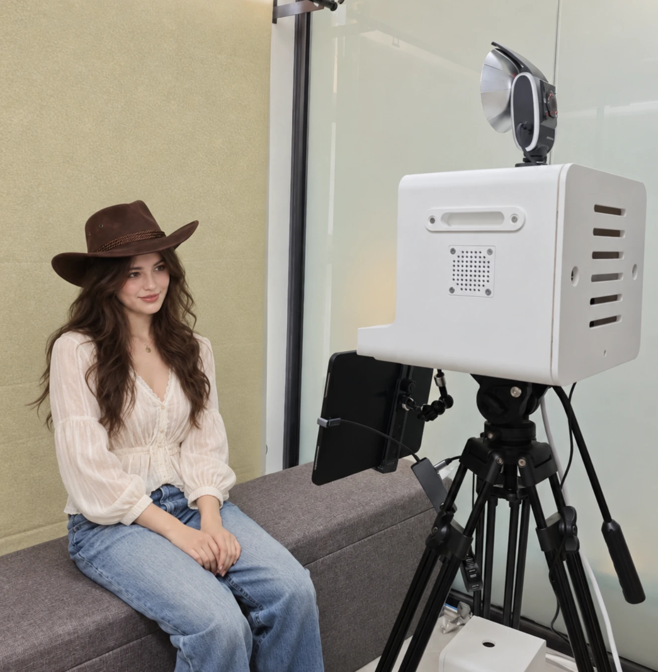 Customer using the compact self-photo studio equipment